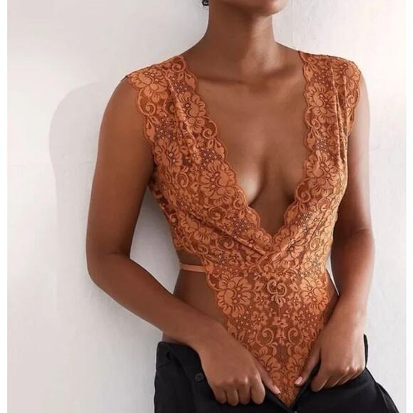 We are HAH Tops - We are HAH Cut to the Chase Brown Sugar Lace Bodysuit - XS